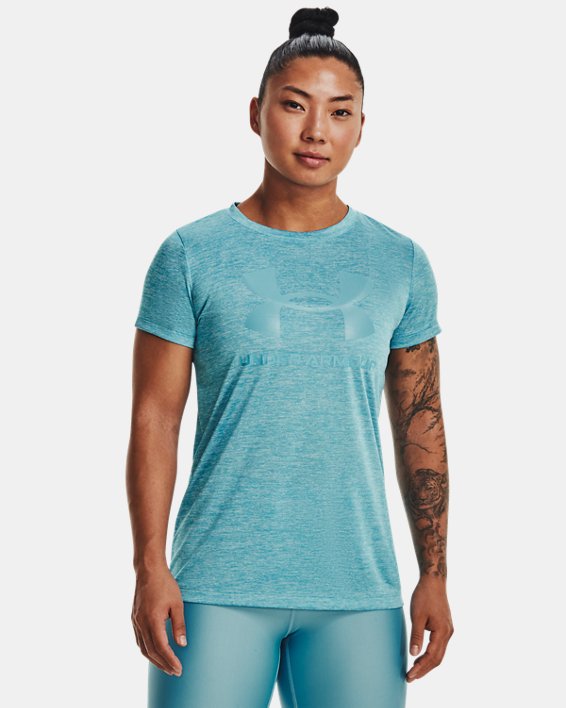 เสื้อแขนสั้น UA Tech™ Twist Big Logo Gel สำหรับผู้หญิง in Blue image number 0